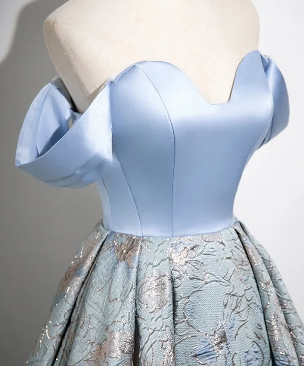 Elegant Sky Blue Printing Prom Dresses 2025 A-Line / Princess Off-The-Shoulder Sleeveless Backless Floor-Length / Long Prom Formal Dresses