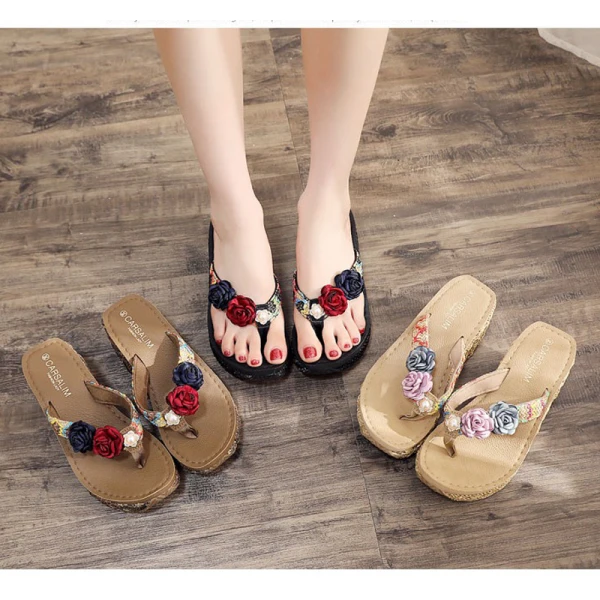 Fashion Black Street Wear Beach Summer Womens Sandals 2023 Appliques 7 cm Wedges Open / Peep Toe Sandals High Heels