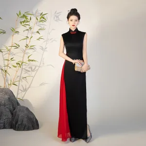 Chinese Style Black Split Front Evening Party Cheongsam 2025 Trumpet Mermaid High Neck Sleeveless Floor Length Long Cheongsam Qipao