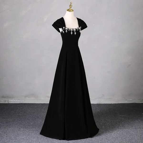 Elegant Black Rhinestone Prom Dresses 2024 A-Line / Princess Square Neckline Sleeveless Backless Floor-Length / Long Prom Formal Dresses