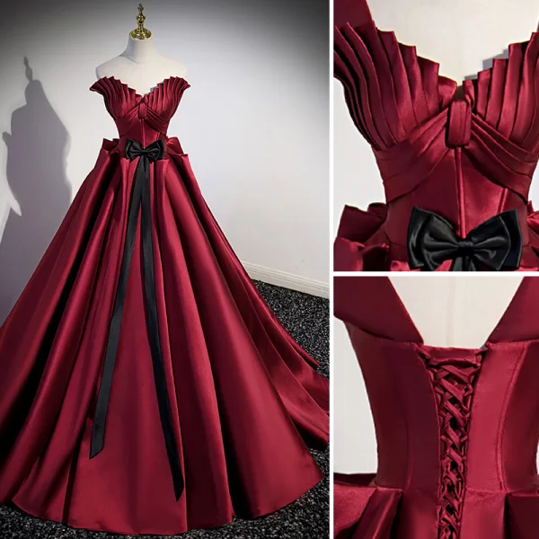 Elegant Burgundy Bow Satin Prom Dresses 2023 Ball Gown V-Neck Short Sleeve Backless Floor-Length / Long Prom Formal Dresses