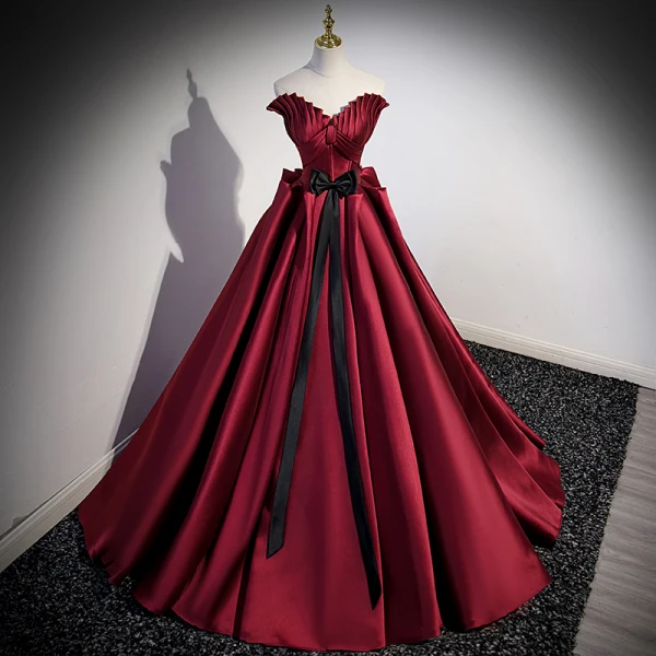 Elegant Burgundy Bow Satin Prom Dresses 2023 Ball Gown V-Neck Short Sleeve Backless Floor-Length / Long Prom Formal Dresses