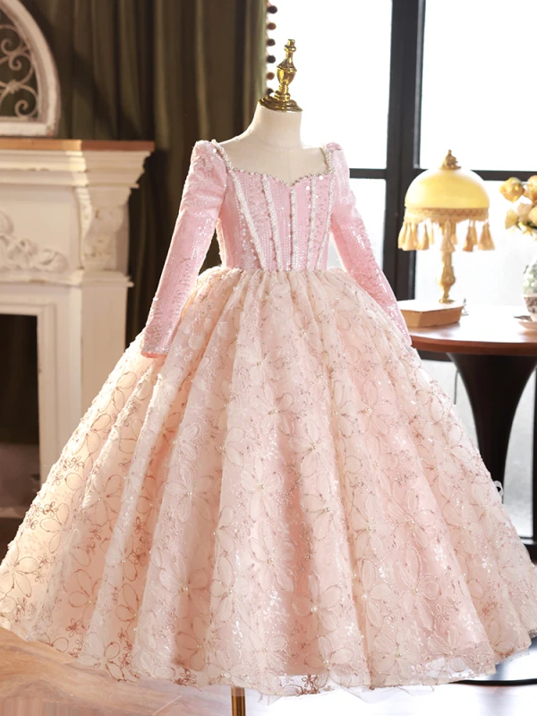 Chic / Beautiful Blushing Pink Beading Pearl Sequins Birthday Flower Girl Dresses 2024 Ball Gown Square Neckline Long Sleeve Tea-length