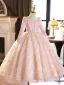 Chic / Beautiful Blushing Pink Beading Pearl Sequins Birthday Flower Girl Dresses 2024 Ball Gown Square Neckline Long Sleeve Tea-length