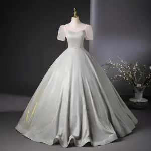 Chic Beautiful Silver Glitter Prom Dresses 2024 Ball Gown V Neck Short Sleeve Backless Floor Length Long Prom Formal Dresses