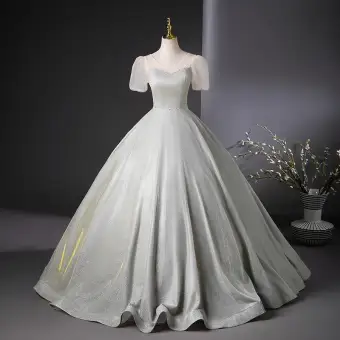 Chic Beautiful Silver Glitter Prom Dresses 2024 Ball Gown V Neck Short Sleeve Backless Floor Length Long Prom Formal Dresses