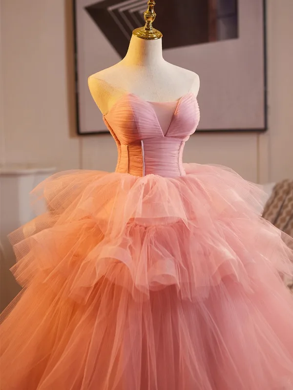 Chic / Beautiful Blushing Pink Cascading Ruffles Prom Dresses 2025 Ball Gown Strapless Sleeveless Backless Floor-Length / Long Prom Formal Dresses
