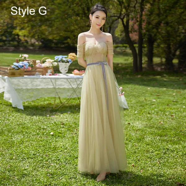 Modest / Simple Lavender Bridesmaid Dresses 2022 A-Line / Princess Short Sleeve Backless Bow Sash Floor-Length / Long Bridesmaid
