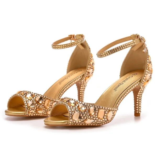 Charmant Silber Strass Abend Sandalen Damen 2023 7 cm Stilettos Peeptoes Knöchelriemen Sandaletten Hochhackige