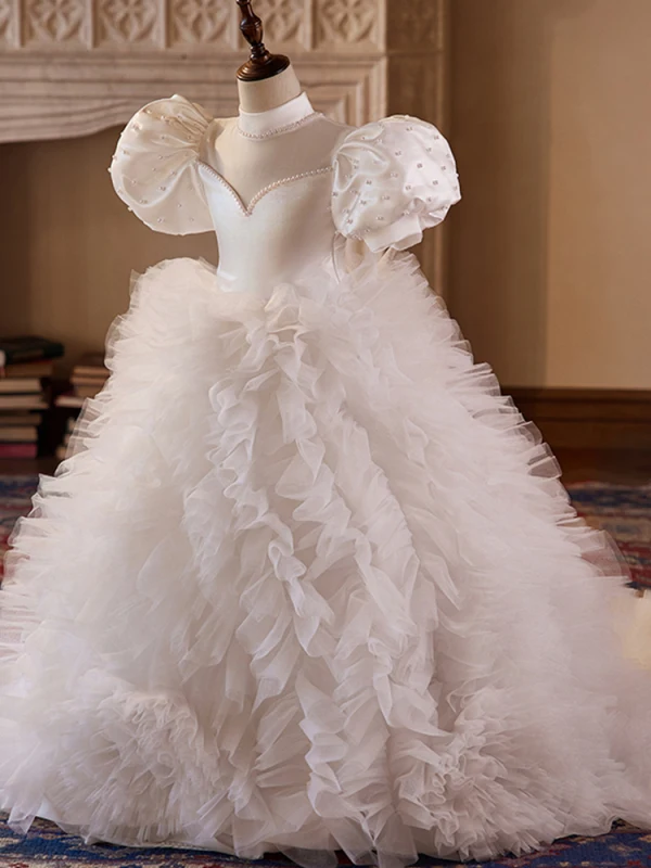 Elegant White Pearl Cascading Ruffles Wedding Flower Girl Dresses 2024 Ball Gown High Neck Puffy Short Sleeve Backless Sweep Train