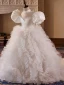 Elegant White Pearl Cascading Ruffles Wedding Flower Girl Dresses 2024 Ball Gown High Neck Puffy Short Sleeve Backless Sweep Train