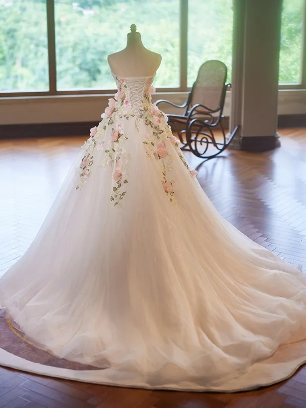 Flower Fairy White Lace Flower Appliques Wedding Dresses 2024 Ball Gown Strapless Straps