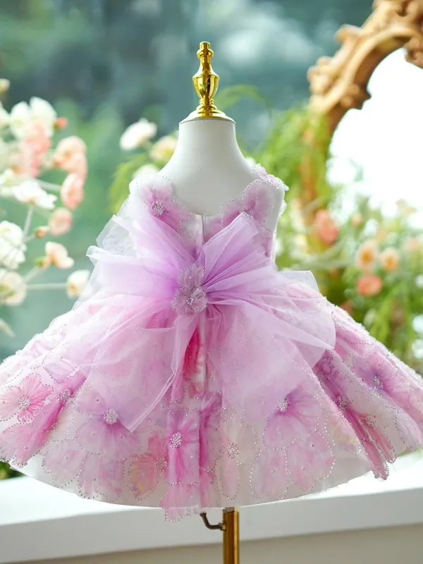Flower Fairy Blushing Pink Beading Pearl Appliques Short Flower Girl Dresses 2024 Birthday Ball Gown Scoop Neck Sleeveless Backless Bow