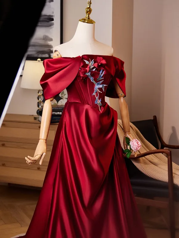Élégant Bordeaux Paillettes En Dentelle Fleur Satin Robe De Bal 2024 Princesse De l'épaule Manches Courtes Dos Nu Train De Balayage Promo Robe De Ceremonie