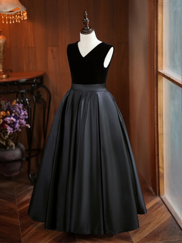 Chic / Beautiful Black Birthday Flower Girl Dresses 2024 A-Line / Princess V-Neck Sleeveless Backless Floor-Length / Long