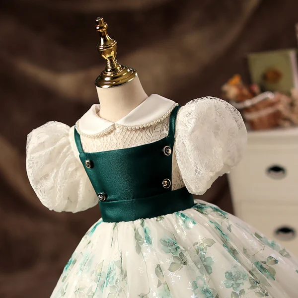 Elegant Dark Green Pearl Lace Short Birthday Flower Girl Dresses 2022 Ball Gown Scoop Neck Puffy Short Sleeve Flower Girl Dresses