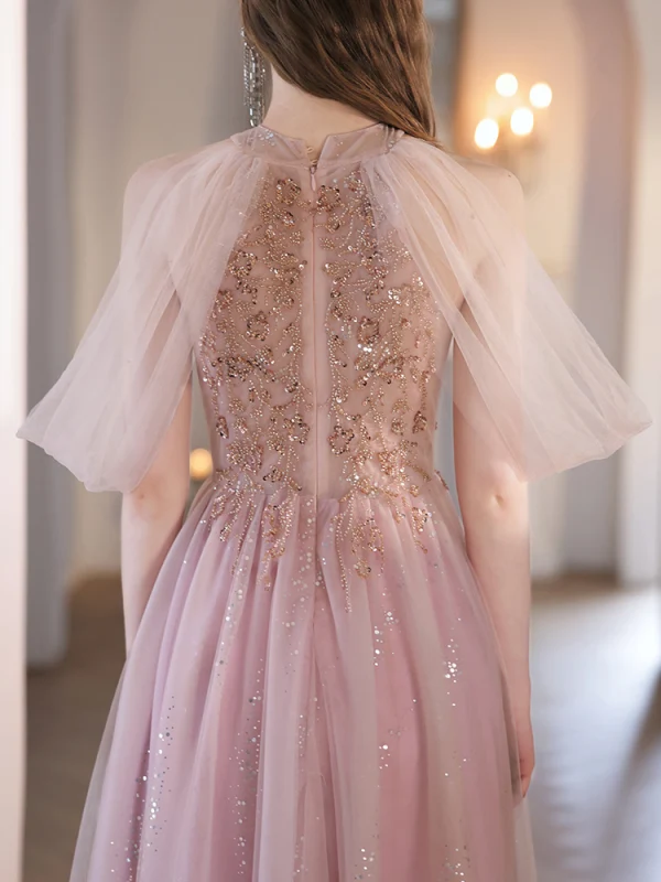 Chic / Beautiful Blushing Pink Beading Sequins Prom Dresses 2023 A-Line / Princess Scoop Neck Sleeveless Floor-Length / Long Prom Formal Dresses