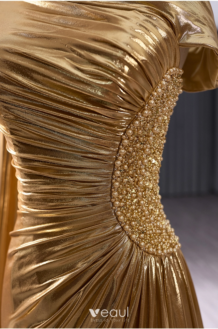Fashion Gold Split Front Prom Dresses 2024 Trumpet Mermaid One-Shoulder Short Sleeve