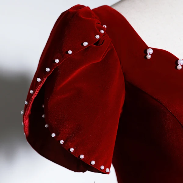 Elegant Burgundy Velvet Prom Dresses 2023 A-Line / Princess Square Neckline Short Sleeve Backless Floor-Length / Long Prom Formal Dresses