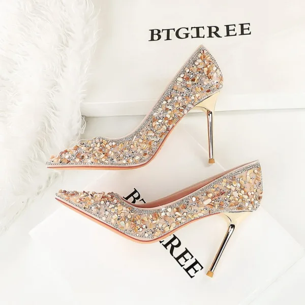 Charmant Rougissant Rose Faux Diamant Paillettes Soirée Escarpins 2026 9 cm Talons Aiguilles À Bout Pointu Escarpins Talons Hauts
