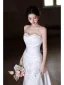 Elegant White Pearl Rhinestone Satin Wedding Dresses 2025 Trumpet / Mermaid Strapless Sleeveless Backless Bow Court Train