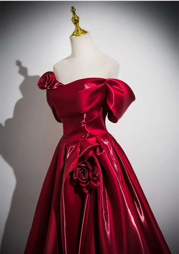 Chic / Beautiful Burgundy Sweep Train Prom Dresses 2025 Ball Gown Off-The-Shoulder Short Sleeve Backless Formal Dresses