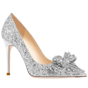 Charmant Argenté Faux Diamant Paillettes Noeud Chaussure De Mariée 2023 Cuir 10 Cm Talons Aiguilles À Bout Pointu Mariage Escarpins Talons Hauts