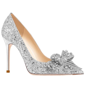 Charmant Argenté Faux Diamant Paillettes Noeud Chaussure De Mariée 2023 Cuir 10 Cm Talons Aiguilles À Bout Pointu Mariage Escarpins Talons Hauts