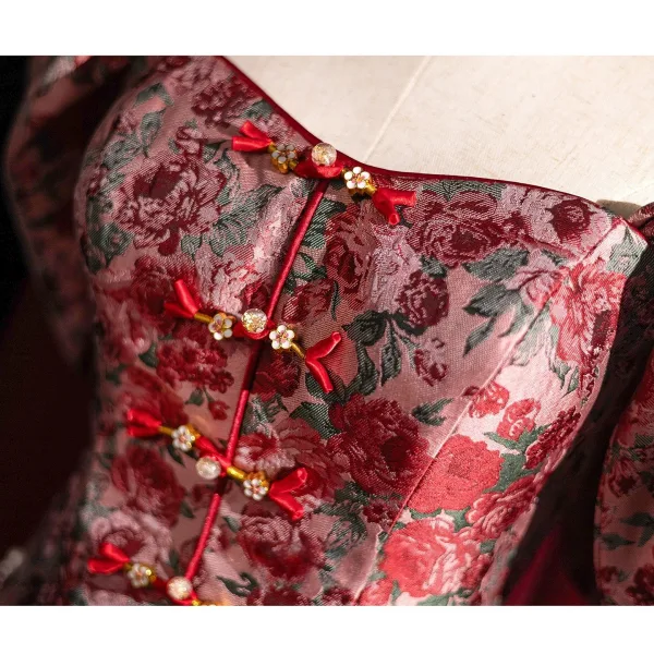 Chinese style Burgundy Printing Prom Dresses 2025 A-Line / Princess Off-The-Shoulder Short Sleeve Backless Floor-Length / Long Prom Formal Dresses