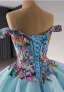 Fancy High-end Pool Blue Beading Cascading Ruffles Handmade  Sequins Lace Flower Prom Dresses 2024 Ball Gown Off-The-Shoulder Sleeveless Backless