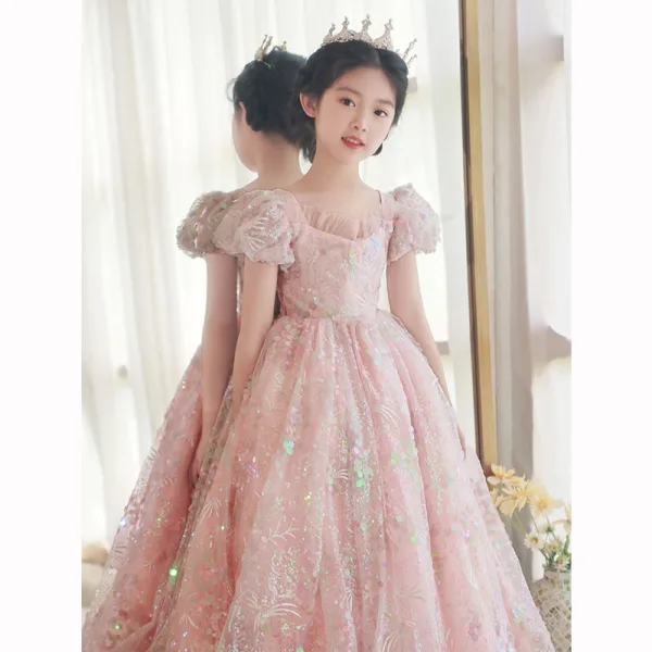 Chic / Belle Rougissant Rose Anniversaire En Dentelle Paillettes Robe Ceremonie Fille 2022 Princesse Encolure Carrée Gonflée Manches Courtes Dos Nu Longue Robe Ceremonie Fille