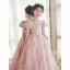 Chic / Belle Rougissant Rose Anniversaire En Dentelle Paillettes Robe Ceremonie Fille 2022 Princesse Encolure Carrée Gonflée Manches Courtes Dos Nu Longue Robe Ceremonie Fille