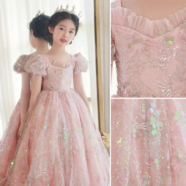 Chic / Belle Rougissant Rose Anniversaire En Dentelle Paillettes Robe Ceremonie Fille 2022 Princesse Encolure Carrée Gonflée Manches Courtes Dos Nu Longue Robe Ceremonie Fille