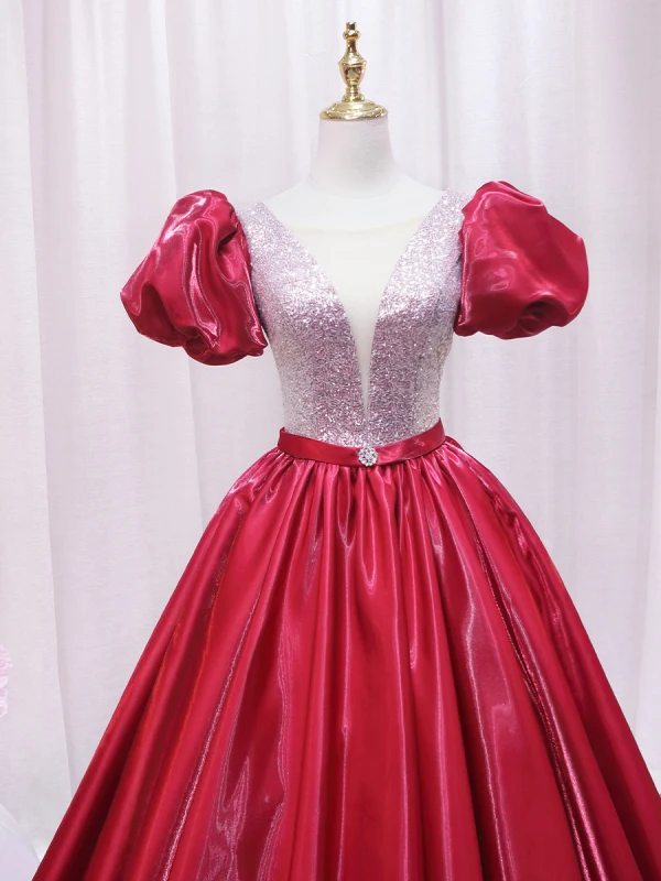 Elegant Burgundy Rhinestone Sequins Prom Dresses 2024 Ball Gown Scoop Neck Puffy Short Sleeve Backless Floor-Length / Long Prom Formal Dresses