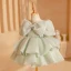 Fashion Sage Green Cascading Ruffles Beading Pearl Sequins Birthday Flower Girl Dresses 2023 Ball Gown Scoop Neck Bow Puffy Short Sleeve Short Backless