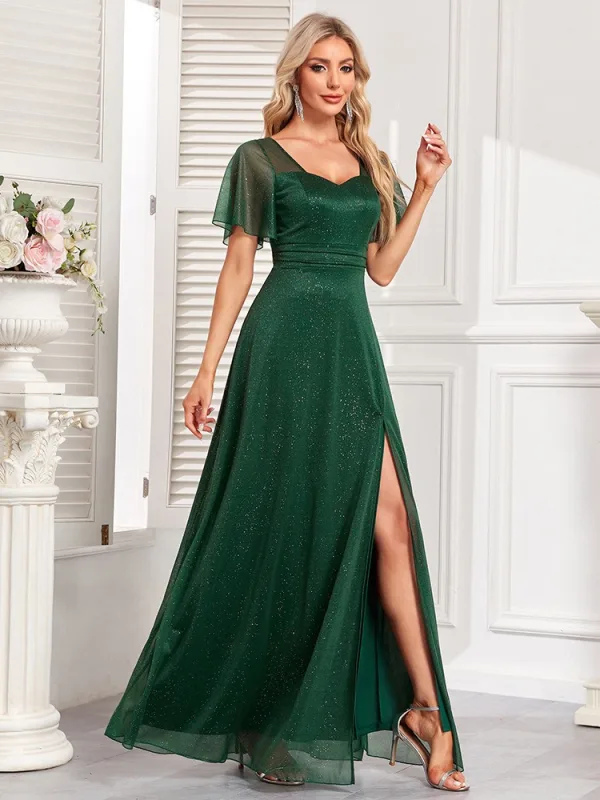 Vintage / Originale Vert Foncé Glitter Fendue devant Robe De Bal 2025 Trompette / Sirène Encolure Carrée Manches Courtes Dos Nu Longue Promo Robe De Ceremonie