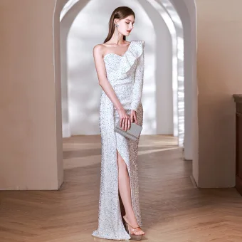 Scintillantes Blanche Paillettes Fendue Devant Robe De Soirée 2023 Trompette Sirène Une Épaule Manches Longues Dos Nu Longue Soirée Robe De Ceremonie