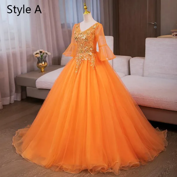 Chic / Beautiful Ocean Blue Sequins Prom Dresses 2024 Ball Gown V-Neck Bell sleeves Backless Floor-Length / Long Tulle Prom Formal Dresses