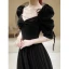 Audrey Hepburn Style Black Velvet Winter Prom Dresses 2024 A-Line / Princess Square Neckline Short Sleeve Backless Floor-Length / Long Prom Formal Dresses