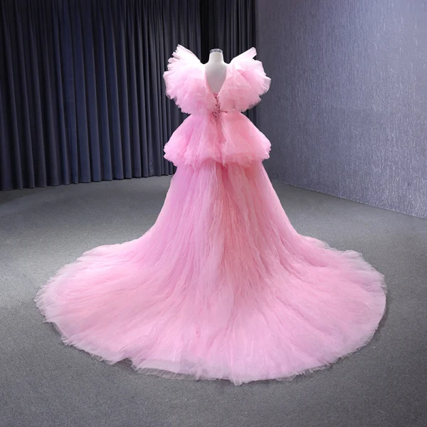 Unusual Candy Pink Summer Cascading Ruffles Prom Dresses Party Dresses 2023 Ball Gown V-Neck Ruffle Short Sleeve Court Train Prom Formal Dresses