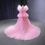Unusual Candy Pink Summer Cascading Ruffles Prom Dresses Party Dresses 2023 Ball Gown V-Neck Ruffle Short Sleeve Court Train Prom Formal Dresses