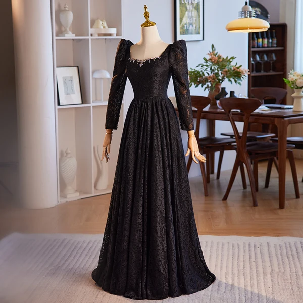 Modest Simple Black Rhinestone Lace Winter Prom Dresses 2024 A-Line Princess Square Long