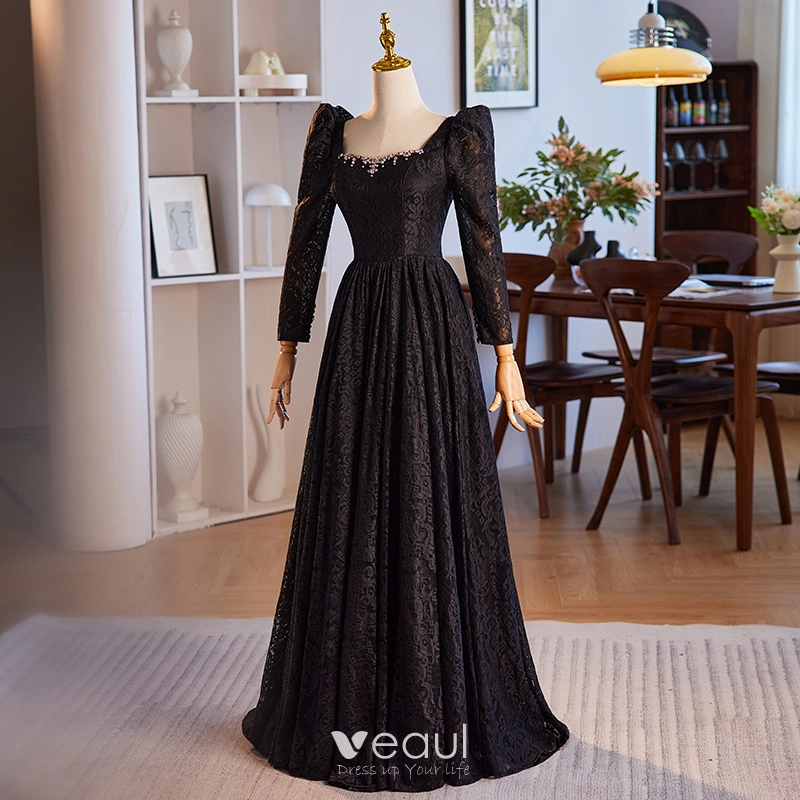 Modest / Simple Black Rhinestone Lace Winter Prom Dresses 2024 A-Line / Princess Square Neckline Long Sleeve Backless Floor-Length / Long Prom Formal Dresses Modest / Simple Black Rhinestone Lace Winter Prom Dresses 2024 A-Line / Princess Square Neckline Long Sleeve Backless Floor-Length / Long Prom Formal Dresses