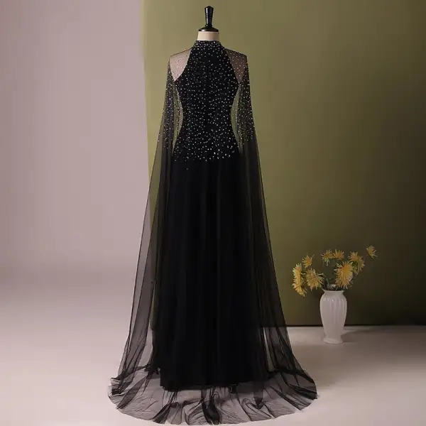 Chic / Beautiful Black Rhinestone Prom Dresses 2024 A-Line / Princess Scoop Neck Sleeveless Floor-Length / Long Prom Formal Dresses