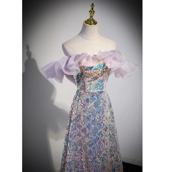 Sexy Sparkly Lavender Laser Sequins Evening Dresses 2023 A-Line / Princess Off-The-Shoulder Sleeveless Backless Floor-Length / Long Evening Party Formal Dresses