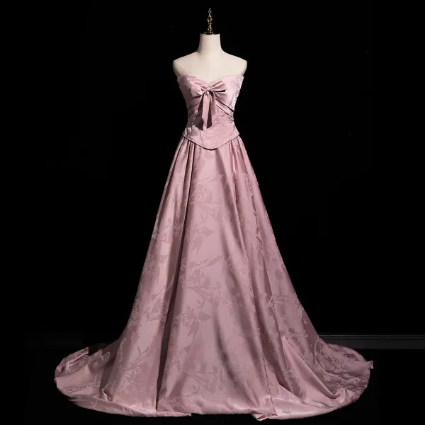 Vintage / Originale Rougissant Rose Noeud Robe De Bal 2026 Princesse Bustier Sans Manches Dos Nu Train De Balayage Promo Robe De Ceremonie