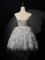 Sexy Gris Fait main Perlage Perle Paillettes Plumes Courte Robe De Fête 2024 Princesse Bustier Sans Manches Dos Nu Cocktail Soirée