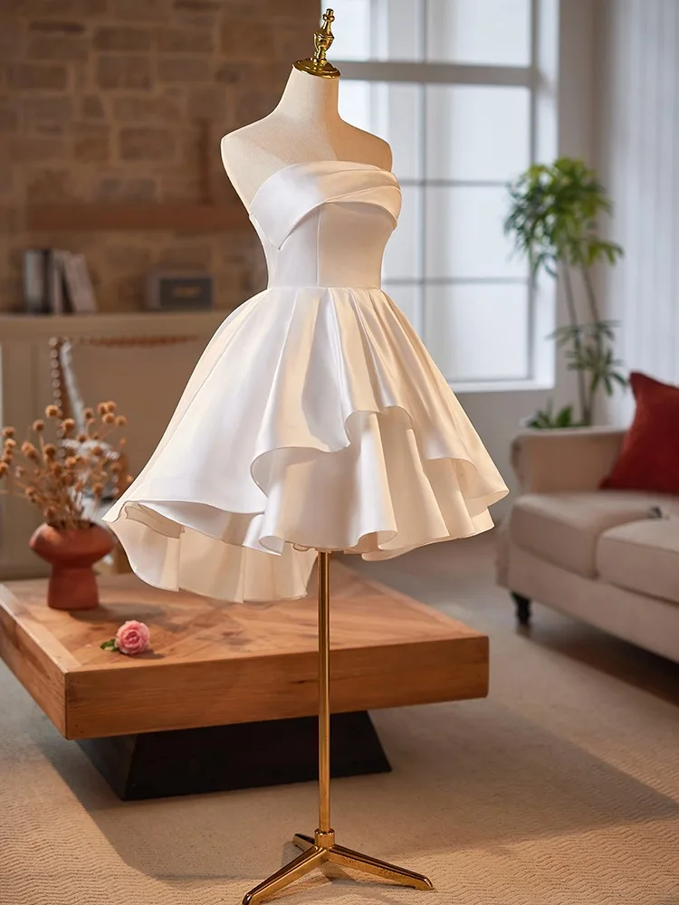 slim fit dress slacks Amy Short White Graduation Dress with Ruffles White / XSmall