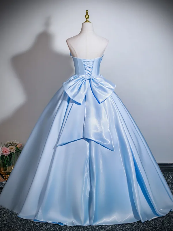 Elegant Sky Blue Satin Prom Dresses 2026 Ball Gown Strapless Sleeveless Backless Bow Floor-Length / Long Formal Dresses