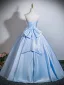 Elegant Sky Blue Satin Prom Dresses 2026 Ball Gown Strapless Sleeveless Backless Bow Floor-Length / Long Formal Dresses